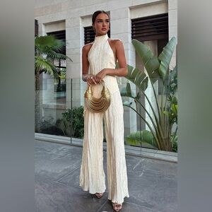 Champagne Asymmetric Halter Crop Top With Wide Leg Pants Set